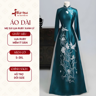 [Lụa Ruby xanh lý]_Áo dài mẹ sui lụa ruby màu xanh lý thêu thủ công tỉ mỉ sang trọng - AD4