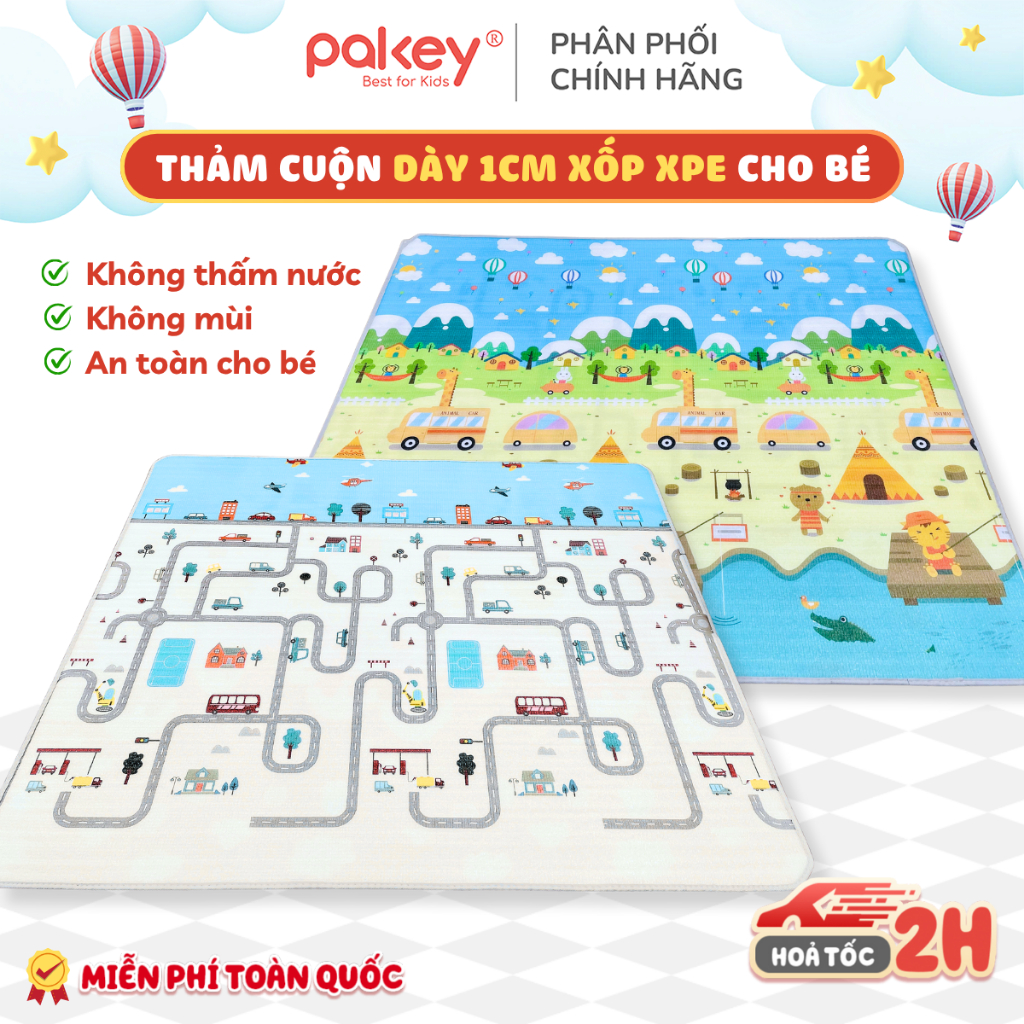 Thảm Xốp Cho Bé Pakey Chống Nước, Thảm 2 Mặt XPE Siêu Dày 1CM, 2CM Siêu Êm Cho Bé Chơi, Có Thể Gấp Gọn Dễ Dàng
