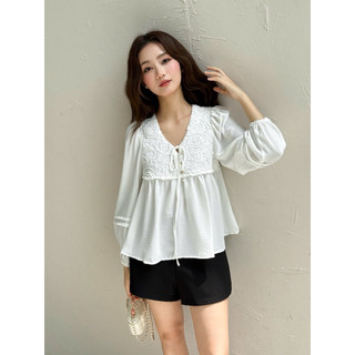  Áo JAZZIE - Áo Babydoll Trắng Tơ Vân Phối tay Dài Phồng Thoải Mái 