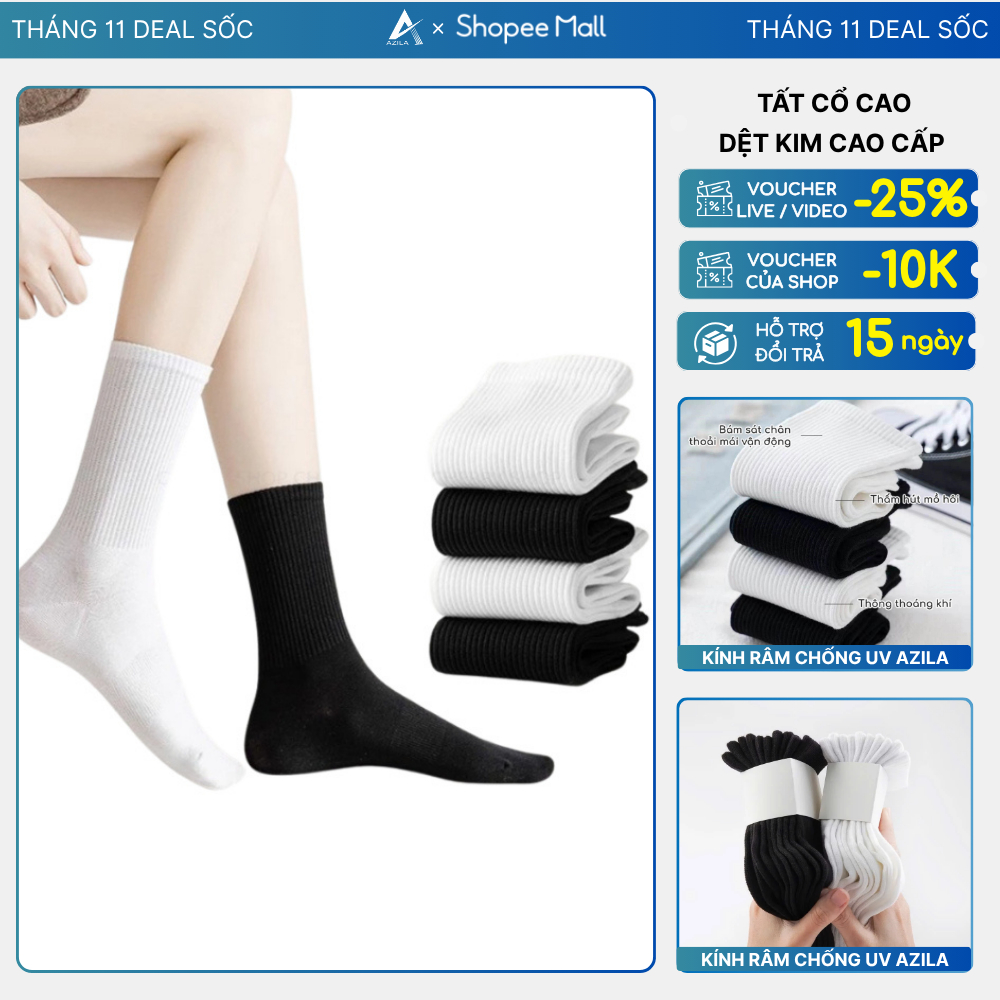 Tất Vớ Nam nữ Trơn Cổ Cao thương hiệu Azila màu Đen Trắng Chống Mùi Kháng Khuẩn T00