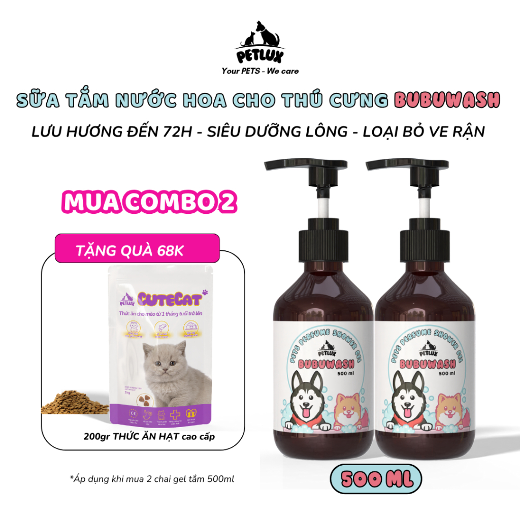 Sữa tắm chó, mèo Bubuwash hương nước hoa-Hỗ trợ sạch ve rận,khử mùi, dưỡng lông và làm thơm thú cưng