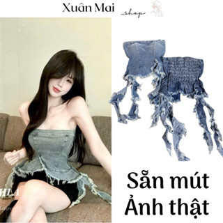  Áo ống cup croptop jean denim cúp ngực đan dây khoá kéo chun lưng 2 màu xanh nhạt xám đồ đi chơi xuanmaishop12 