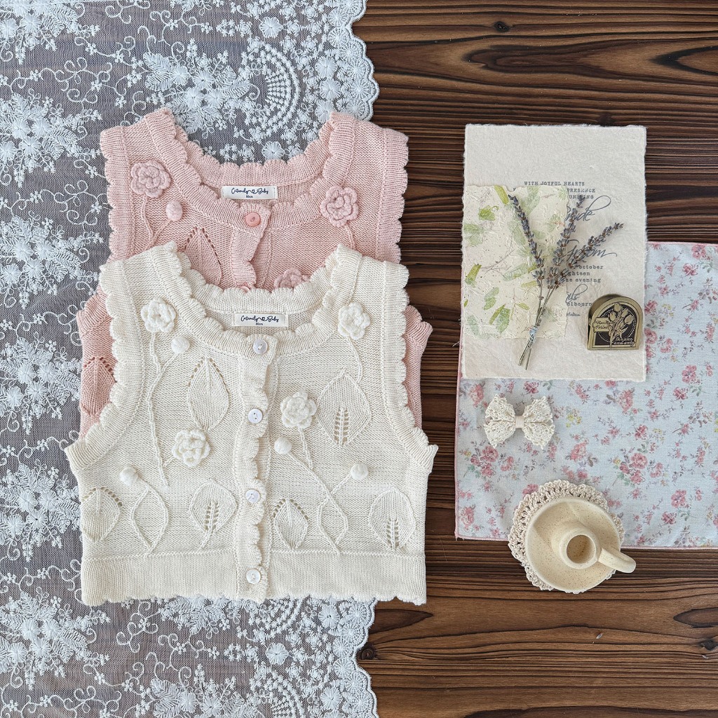 Áo gile len hoa hồng nổi cho bé 2817