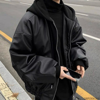  Gin Hooded Leather Bomber Jacket - Áo bomber da khoá kéo có mũ trùm pilot phi công streetwear 