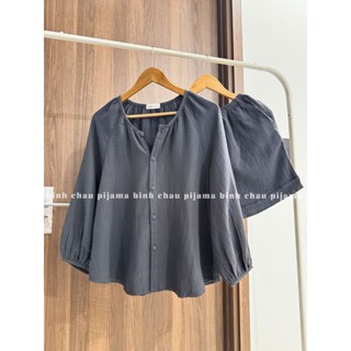  Set đồ bộ form rộng Tay Dài Quần Đùi thiết kế Xô Muslin thoáng mát | Binh Chau Pijama 