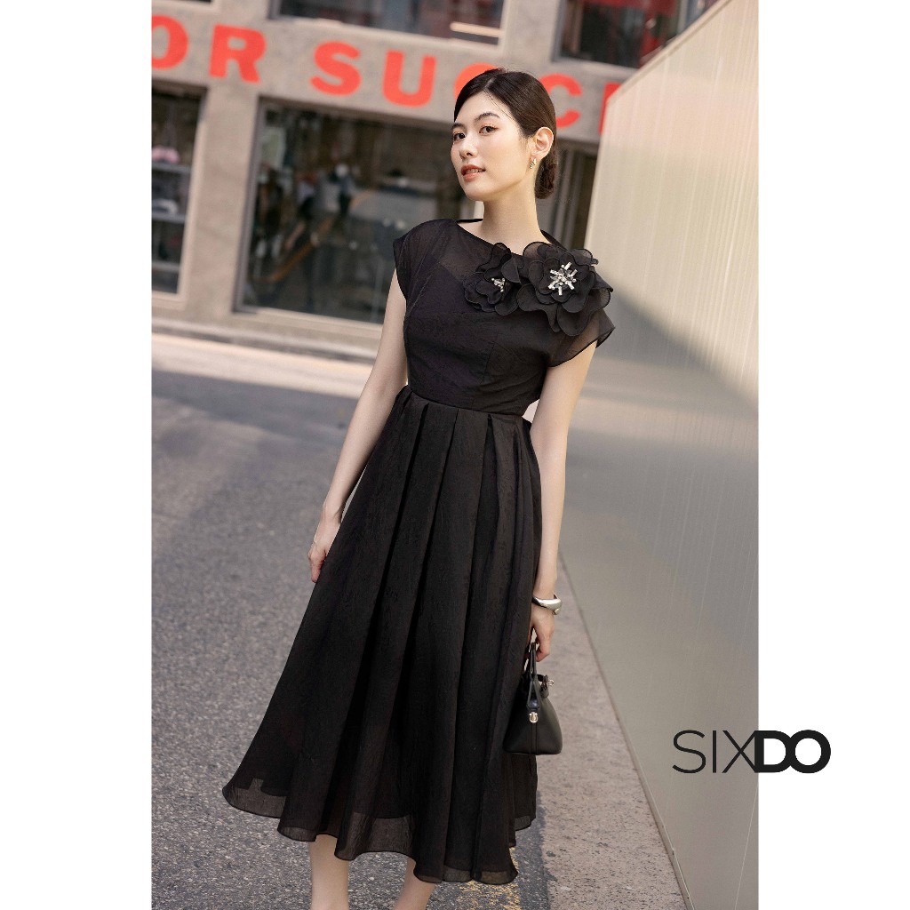 Đầm tơ organza dáng xòe hoa 3D SIXDO (Black 3D Flower Organza Flared Dress)