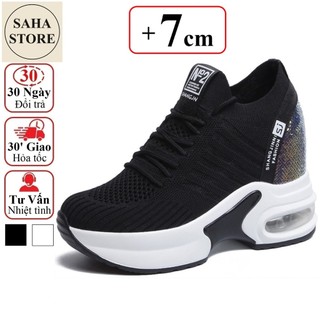  Sneaker nữ độn đế 7cm SAHA261 giày thể thao tăng chiều cao 6cm chất vải trắng đen thoáng khí sport sneakers thun 