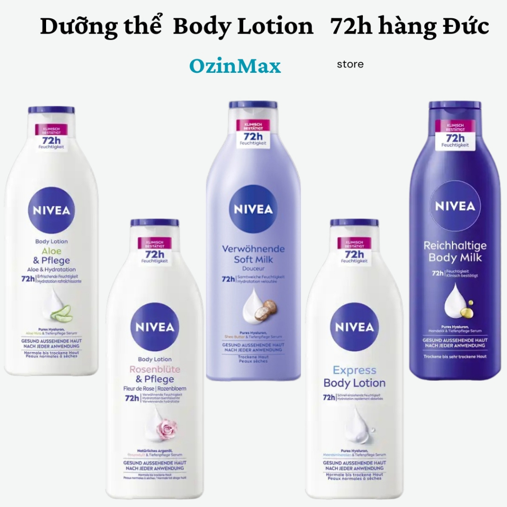 Dưỡng thể cấp ẩm sâu nivea Body Lotion 72h hàng Đức đủ mẫu