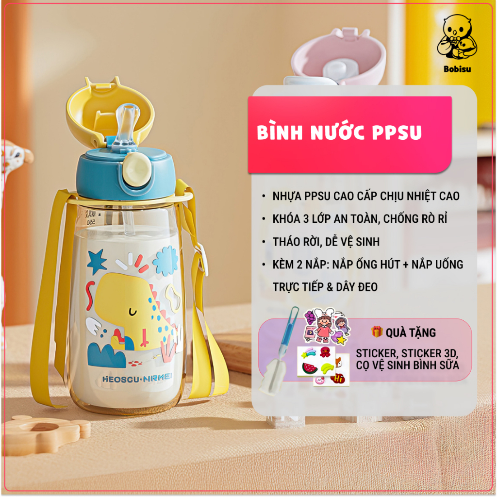 Bình Nước Cho Bé NRMEI 480ml Nhựa PPSU Cao Cấp - Thiết Kế 2 Đầu Nắp Đa Năng, Có Dây Đeo [Tặng Sticke