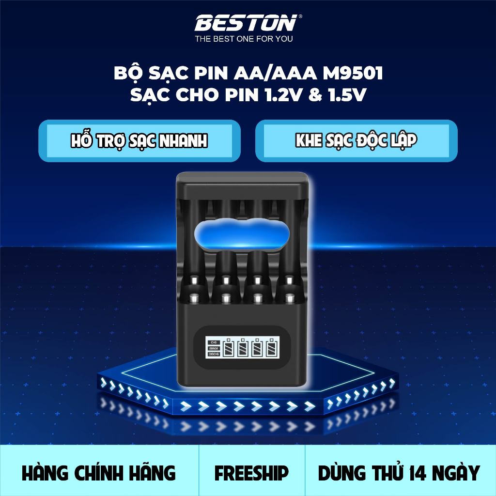 Bộ sạc pin M9501 BESTON AA/AAA 1.2V & 1.5V, cổng sạc USB-C Sạc nhanh Tự ngắt