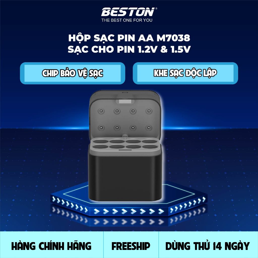 Hộp sạc pin Beston M7038 dành cho cả pin AA 1.2V và 1.5V đèn thông báo sạc tiện lợi theo dõi