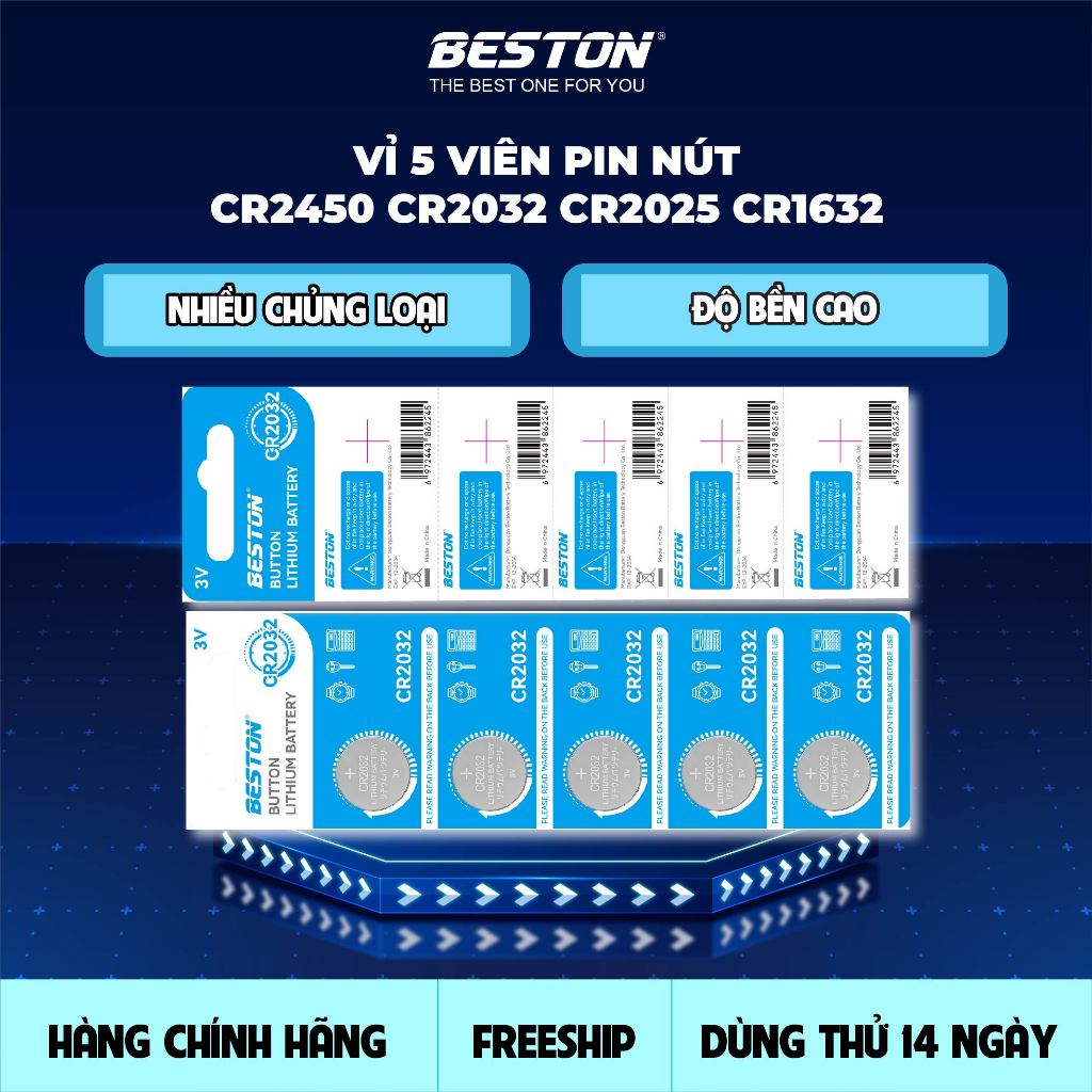 Vỉ 5 viên Beston CR2032 CR2025 CR2016 CR2450 CR1632 3V dùng cho chìa khóa smartkey, remote quạt máy