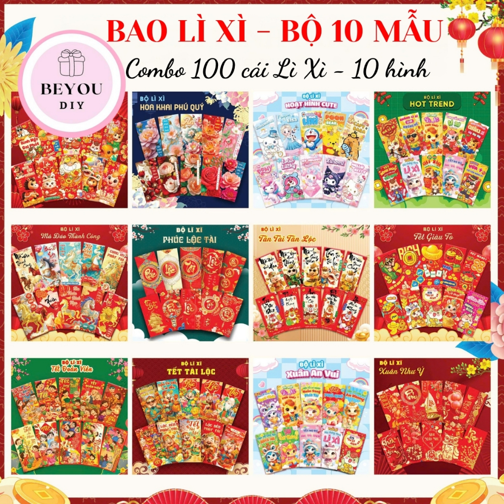  Combo 100 Bao Lì Xì Truyền Thống Tết Bính Ngọ 2026 Giá Rẻ Mix Nhiều Mẫu 