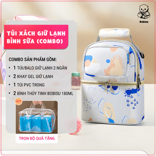   Combo 4 Món  Túi Xách Giữ Lạnh Sữa Mẹ Cao Cấp Kèm 2 Bình Thủy Tinh 180ml + Khay Gel Giữ Lạnh 
