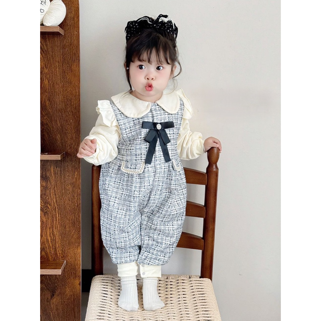 Bodysuit cho bé gái SUSHI BABY SHOP đồ liền thân sơ sinh kẻ cari đính nơ dài tay thu đông đầy tháng 