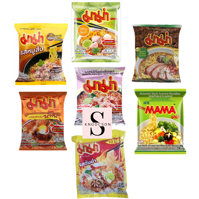 5 gói mì Mama Heo, Vịt, Tomyum, Chay, Tôm kem, Thịt heo tomyum, Chay tomyum
