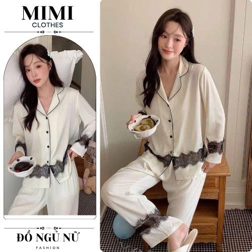 Bộ pijama nữ, đồ ngủ nữ dài tay chất lụa phối ren thiết kế basic sang trọng MIMI CLOTHES HCOM26816