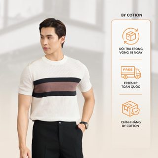  Áo Thun Nam Cao Cấp Tay Ngắn Cổ Tròn Dệt Kim Phối Sọc Ngực 2 Màu – BY COTTON 