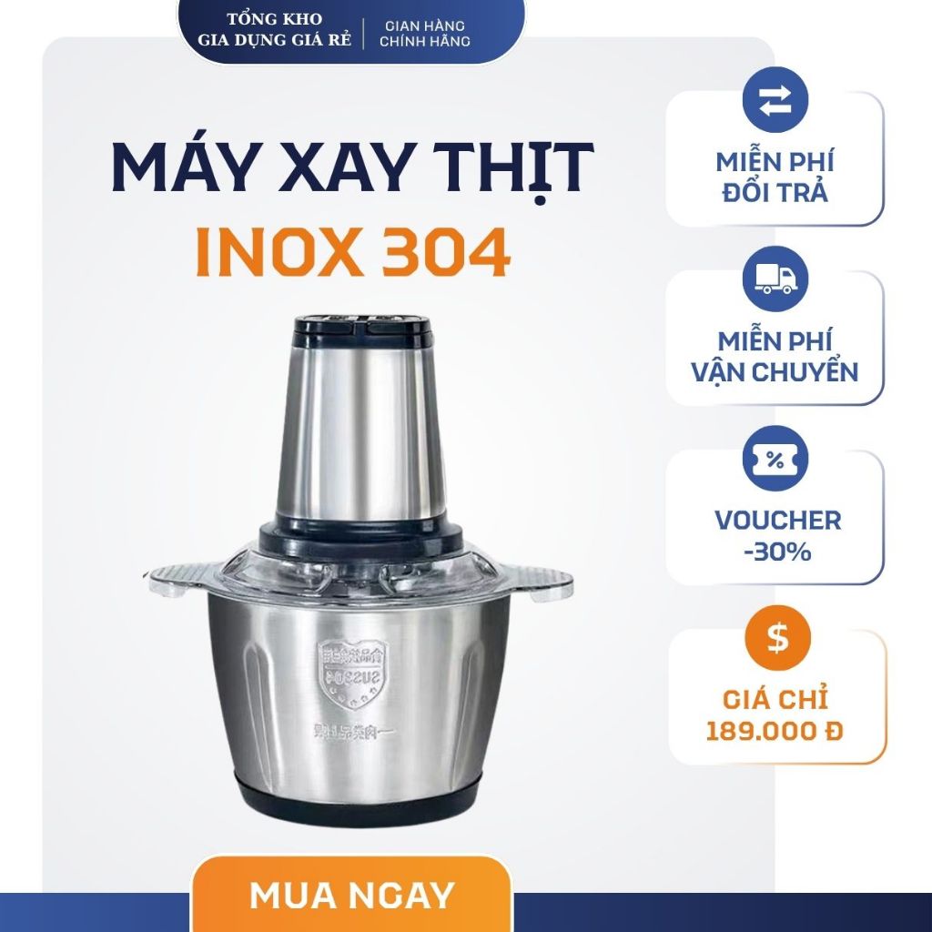 Máy Xay Thịt Cối Inox 4 Lưỡi Đa Năng, Công suất 250W- Máy Xay Sinh Tố Thực Phẩm 2l,Chất Liệu Inox 304 Chuẩn, Siêu Bén