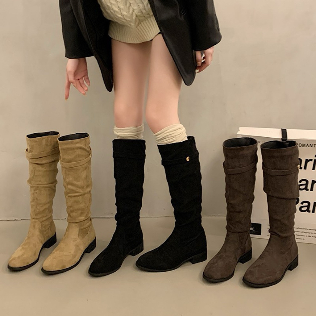 (Hàng mới về )Giày boot đùi nữ bốt nữ cao cổ đế thấp da lộn basic đế 3cm ôm chân Eudora899 A879