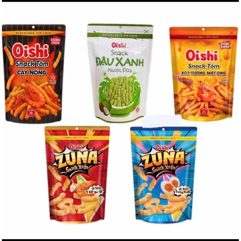 Snack 5 goi Oishi Tôm Cay Nồng/Xốt Tương Mật Ong/Đậu Xanh Nước Dừa Túi Zip  65g