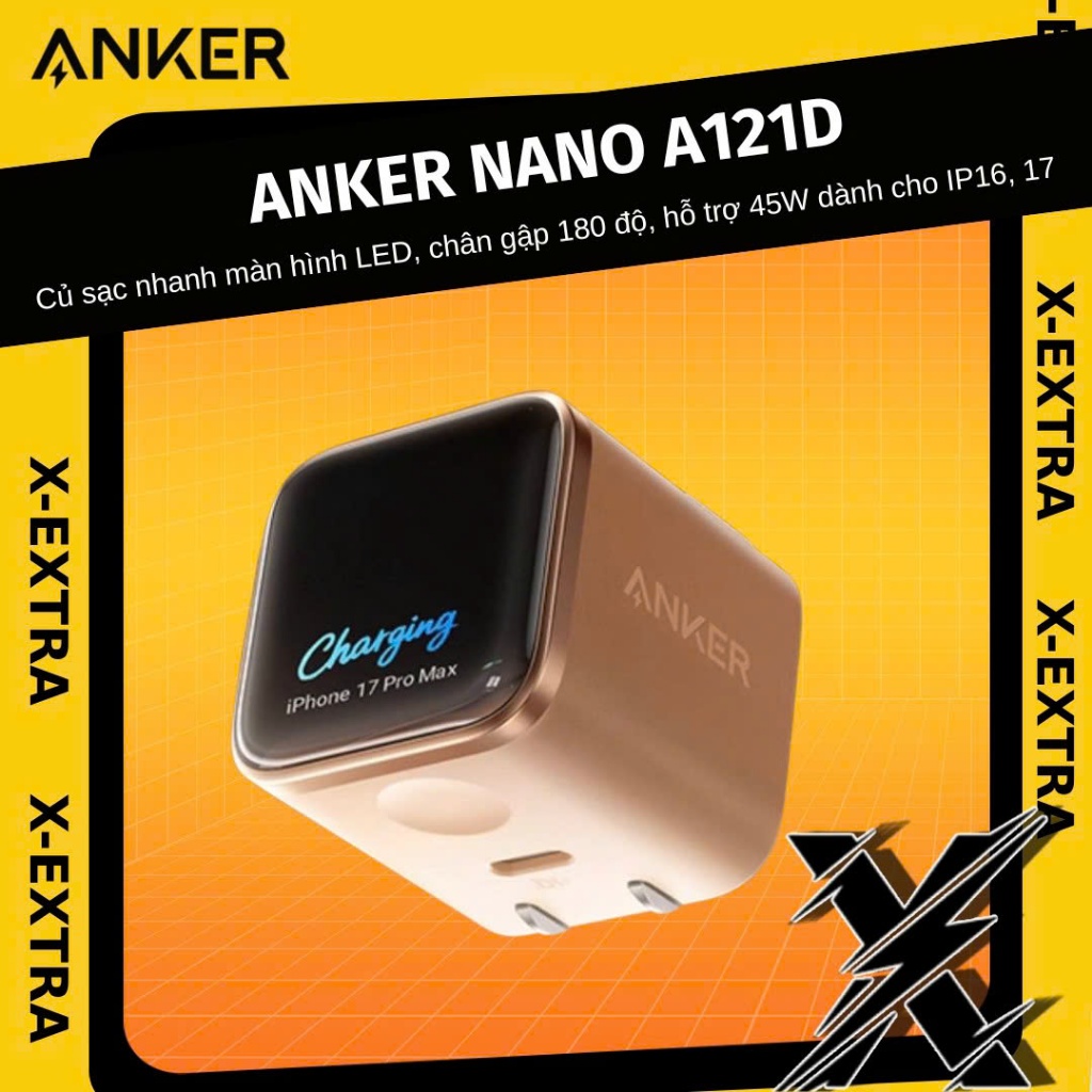 Củ Sạc Nhanh Anker Nano A121D, màn hình LED, chân gập 180 độ, hỗ trợ 45W dành cho IP16, 17