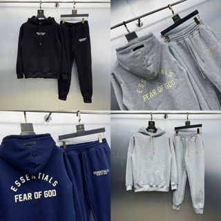  Đồ bộ nam dài tay thu đông PB nỉ bông in chữ Essentials cao su vòng cung 2 mặt thêu logo mũ basic BD93P 