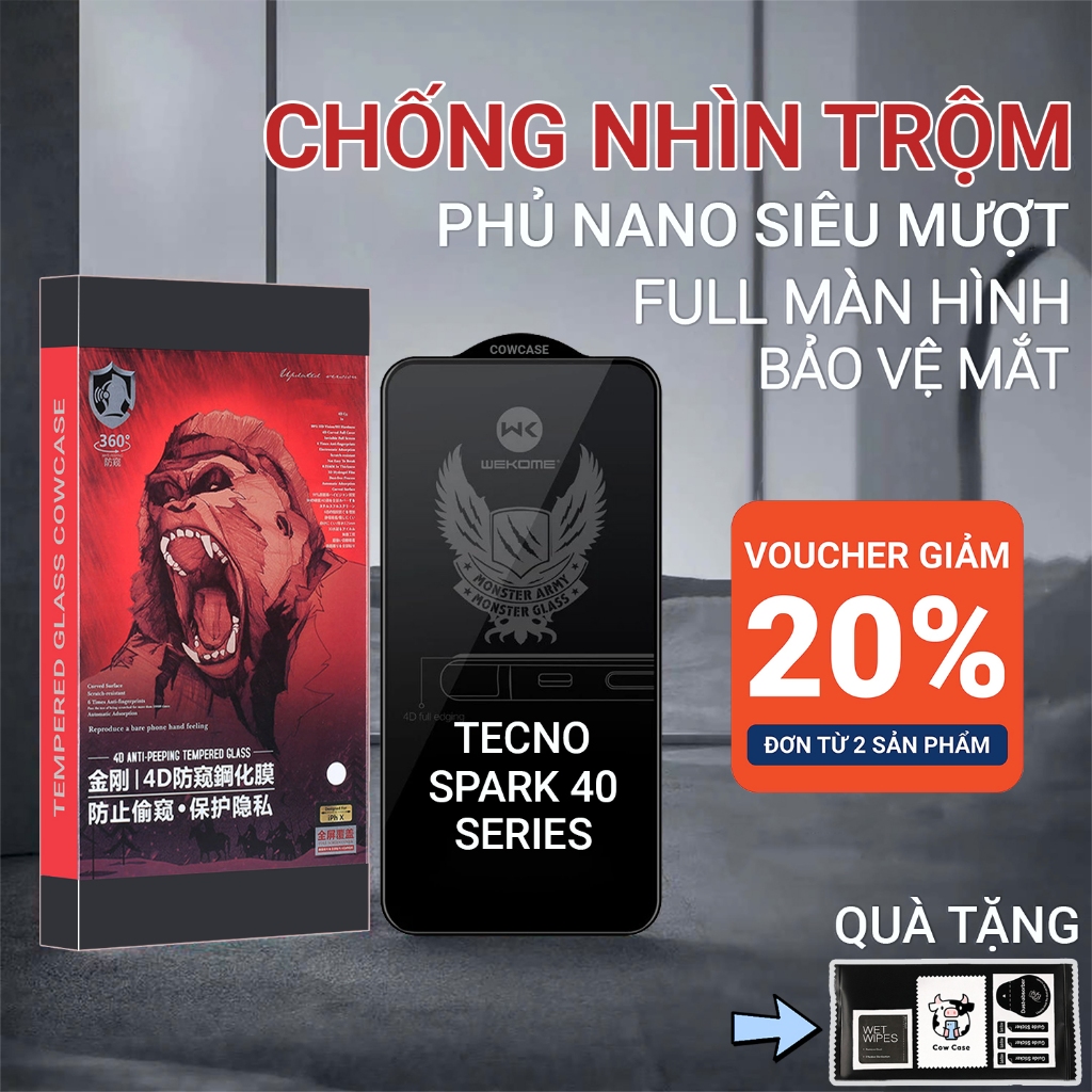 Cường lực Tecno Spark 40, 40C, 40 Pro, 40 Pro Plus chống nhìn trộm full màn | Miếng dán kính bảo vệ 
