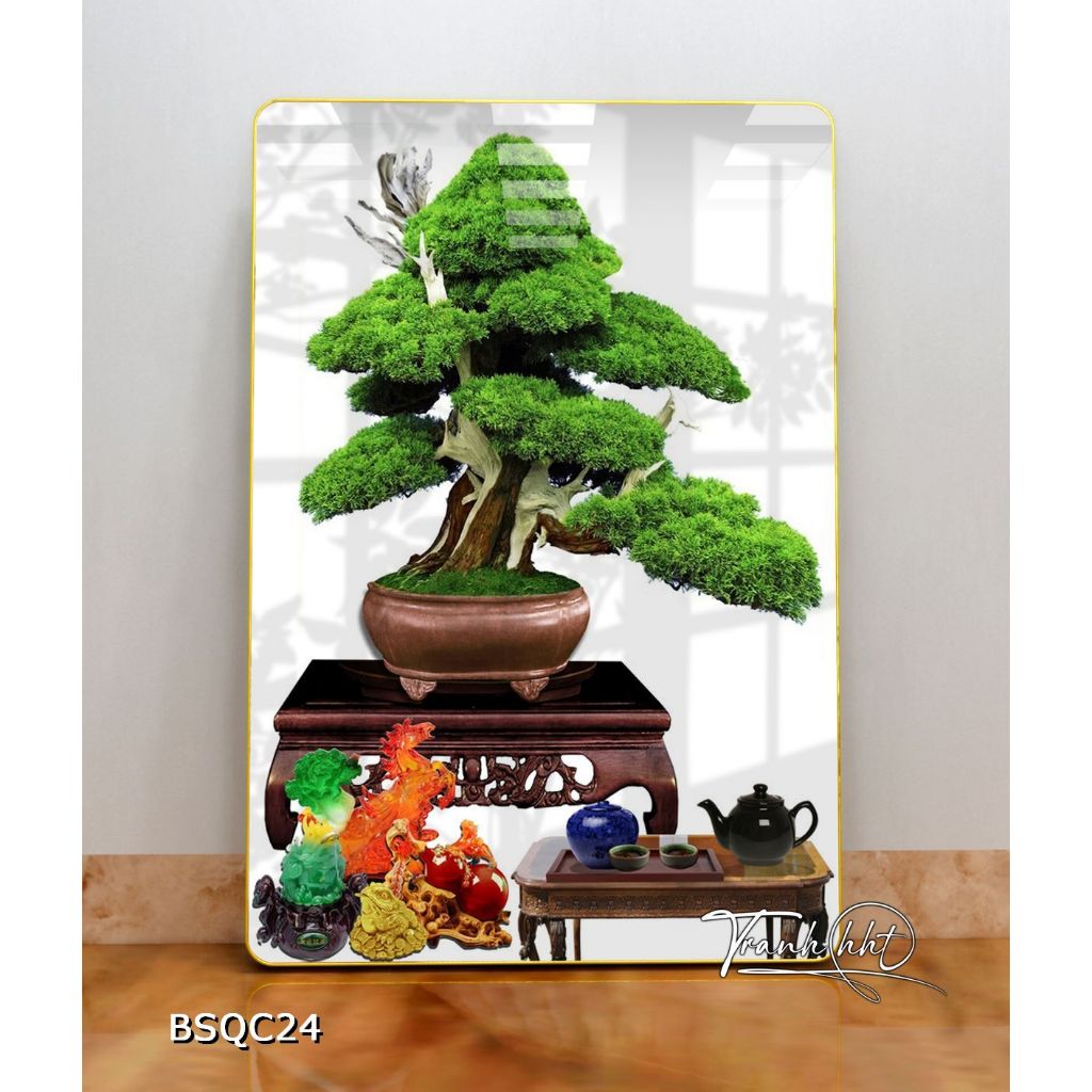 Tranh Bonsai Tết trường thọ an nhiên tráng gương treo tường BSQC24