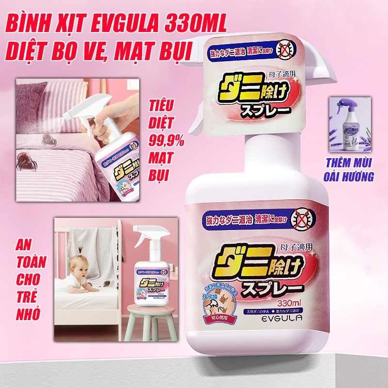 Bình xịt diệt bọ ve, bọ rệp, mạt bụi Nhật Bản EVGULA 330ml chiết xuất thiên nhiên sử dụng tới 4000 lần xịt