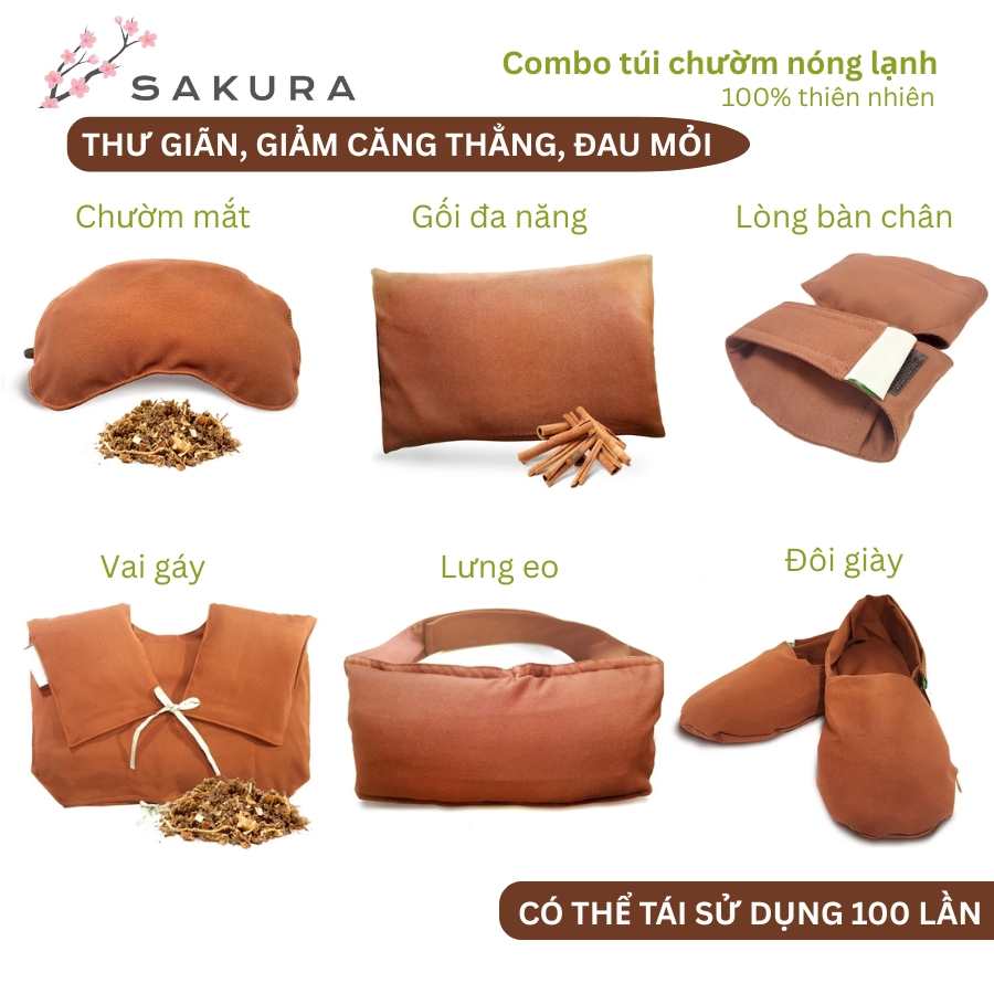 Túi chườm thảo dược sakura, chườm mắt, vai gáy, body, lưng bụng, khớp gối, chân 100% tự nhiên |