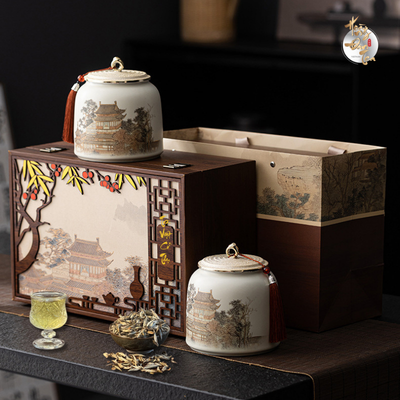 Set Trà Hộp Gỗ 2 Hũ Chè Ngon Shan Tuyết & Thái Nguyên Thượng Hạng Uống Trà Đạo Cao Cấp Quà Tặng Doanh Nghiệp