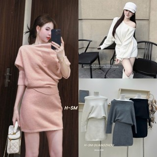  METWO. - Set áo len trơn mịn basic lệch trễ vai dài tay QC kèm chân váy ngắn chữ A dày dặn ulzzang tiểu thư Hàn Quốc 