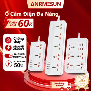  Ổ Cắm Điện Đa Năng ANRMESUN chống giật an toàn Chiều dài cáp 2 mét công suất định mức 2500W Sạc nhanh USB Type-C 