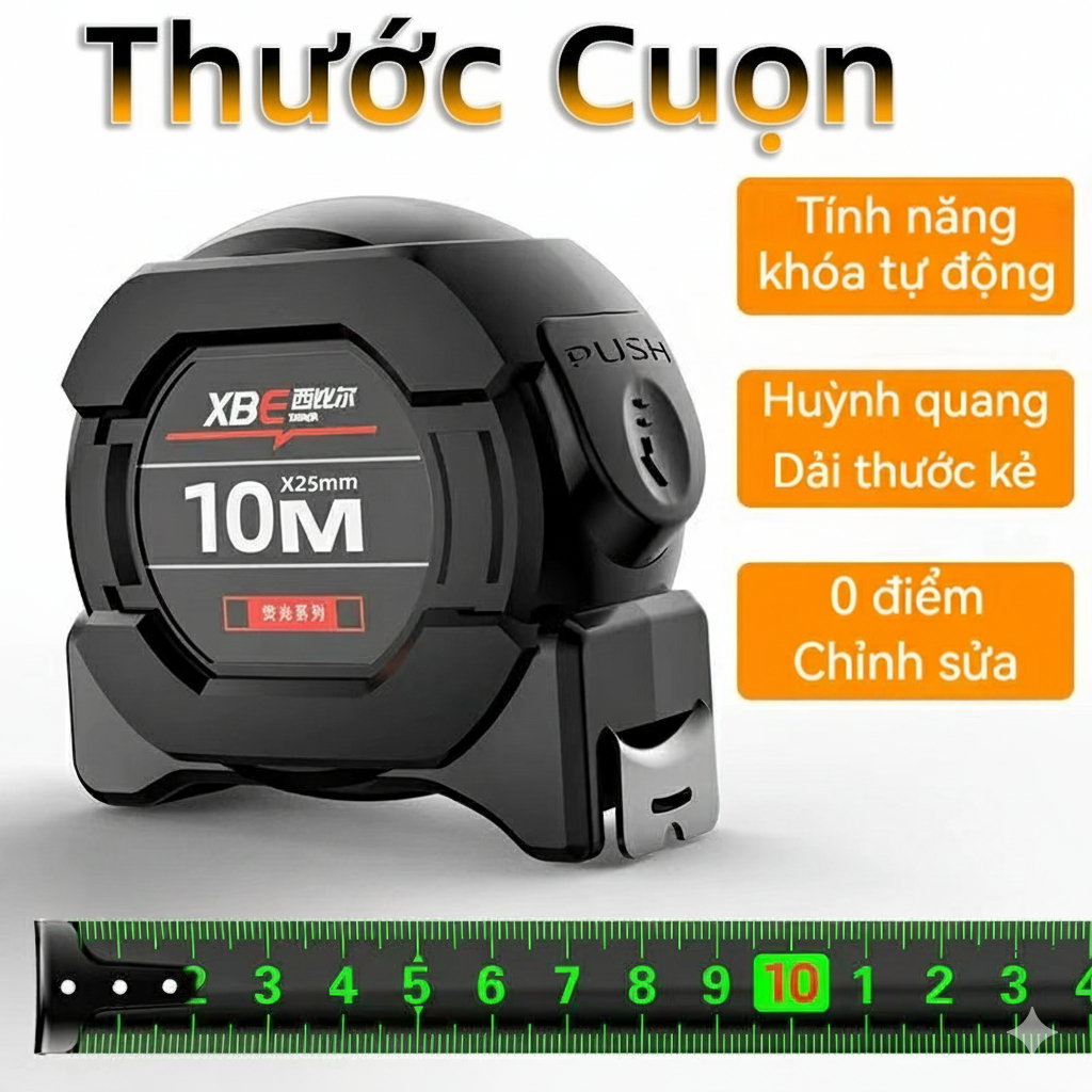 Thước Cuốn Tự Động 10m Phát Sáng Huỳnh Quang - Vạch Vàng Sáng Dễ Đọc, Chống Trượt, Chống Nước, Đo Lư