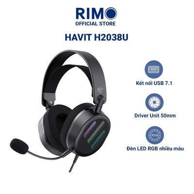 Tai nghe chụp tai có dây Havit H2038U kết nối USB 7.1, chip GeneraPlus Micro 360 độ, có Leb RGB