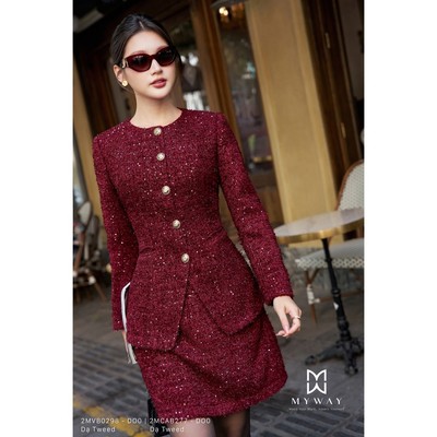 Set Áo Vest Chân Váy  Dạ Tweed Nữ Mùa Đông Đỏ Đô Dáng Peplum MY WAY  Lady Charm Thanh Tao 2MVB0298 2MCAB277 do1