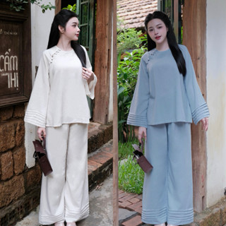   Cao Cấp  Mộc Yên - Bộ Pháp Phục Linen Bột Phối Xếp Li Dáng Suông Sang Trọng 