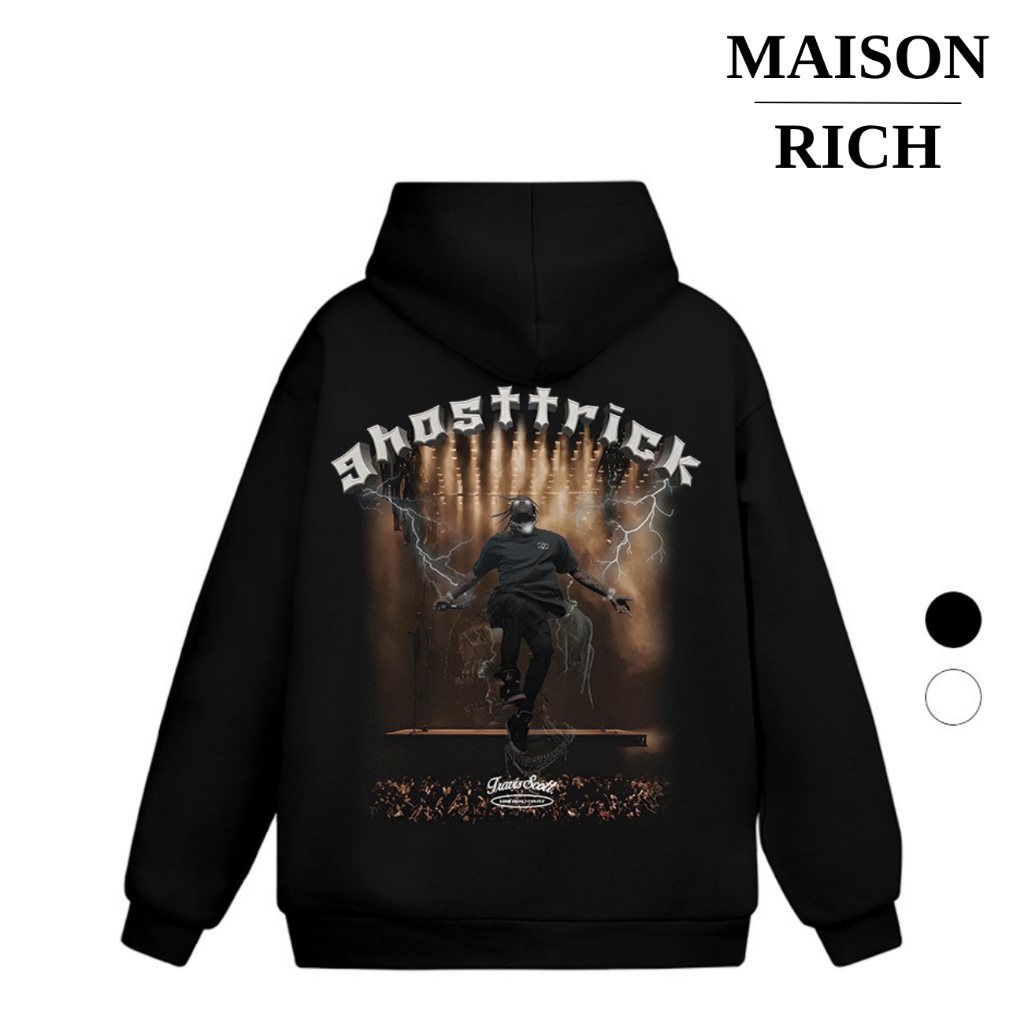 Áo Hoodie Maison Rich Premium Nỉ Ghost Trick Concert Travis Scott Black White