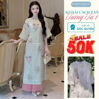   TẶNG DÂY KHÁNH  Áo Dài "Tương Tư"  CỔ TRÒN  Nữ Dáng Suông Màu Hồng Phấn Thêu Hoa - Áo Dài Mason Khang  40-85kg  