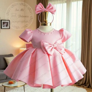   Hàng thiết kế     Tặng cài   Váy đầm công chúa cổ ngọc nơ eo phi lụa sang trọng cho bé 