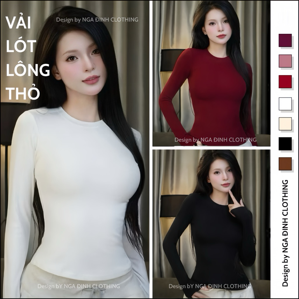 Áo thun nữ dài tay cổ tròn lót lông thỏ NGA ĐINH CLOTHING áo giữ nhiệt ôm body chất cotton cao cấp m