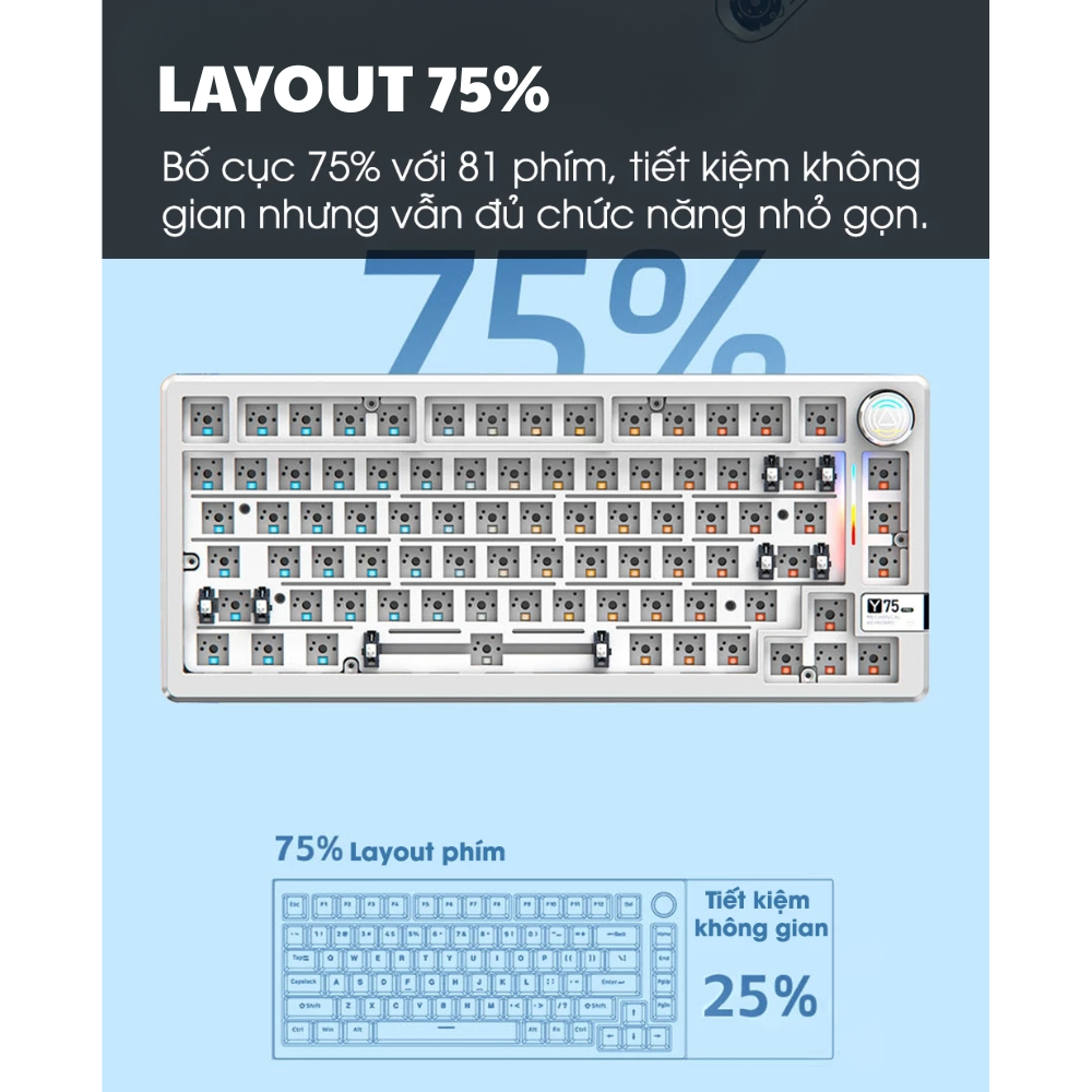 Bàn phím cơ không dây khung YINDIAO Y75 PRO - Led RGB - 3 mode kết nối - Hotswapable - APP - Mạch xuôi - Núm xoay | BigBuy360 - bigbuy360.vn
