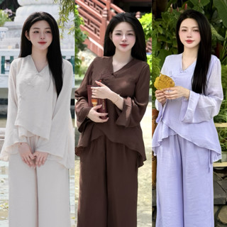  Vân Mai - Bộ Pháp Phục Xô Đũi Vạt Chéo Cổ Tim Phối Nút 