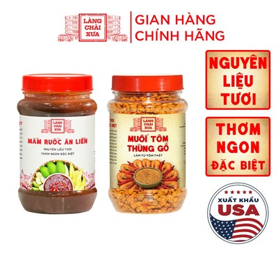 COMBO Muối tôm thùng gỗ 130g & Mắm ruốc ăn liền 260g nguyên liệu tươi ngon đặc biệt Làng Chài Xưa