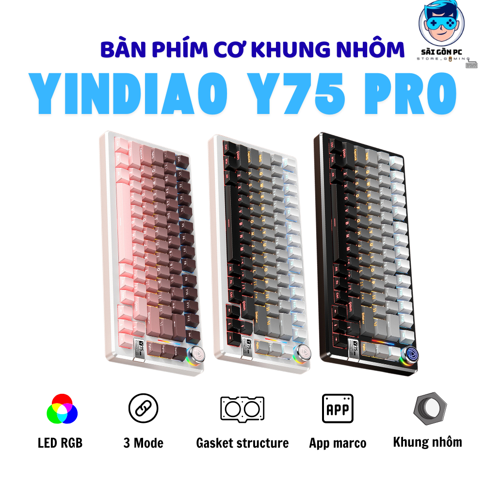 Bàn phím cơ không dây khung YINDIAO Y75 PRO - Led RGB - 3 mode kết nối - Hotswapable - APP - Mạch xuôi - Núm xoay | BigBuy360 - bigbuy360.vn