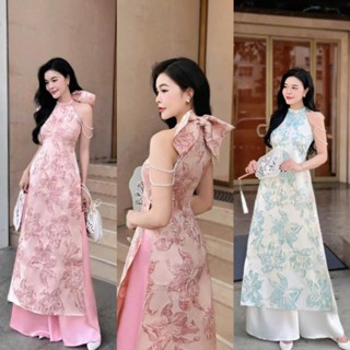  Set áo dài cách tân KÈM QUẦN diện tết 2026 áo dài gấm cổ yếm hoa lan + pk ngọc phối quần suông lụa chéo nhung - SHOPNGÔ 