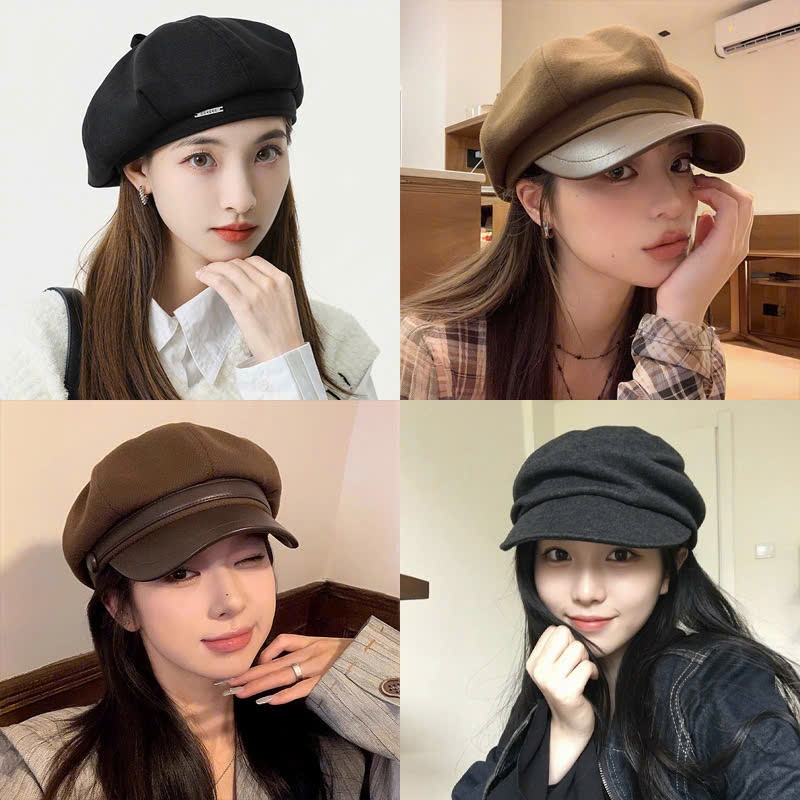 Mũ nồi mũ Beret dạ họa tiết phong cách Nhật Bản, mũ mùa đông cho nữ