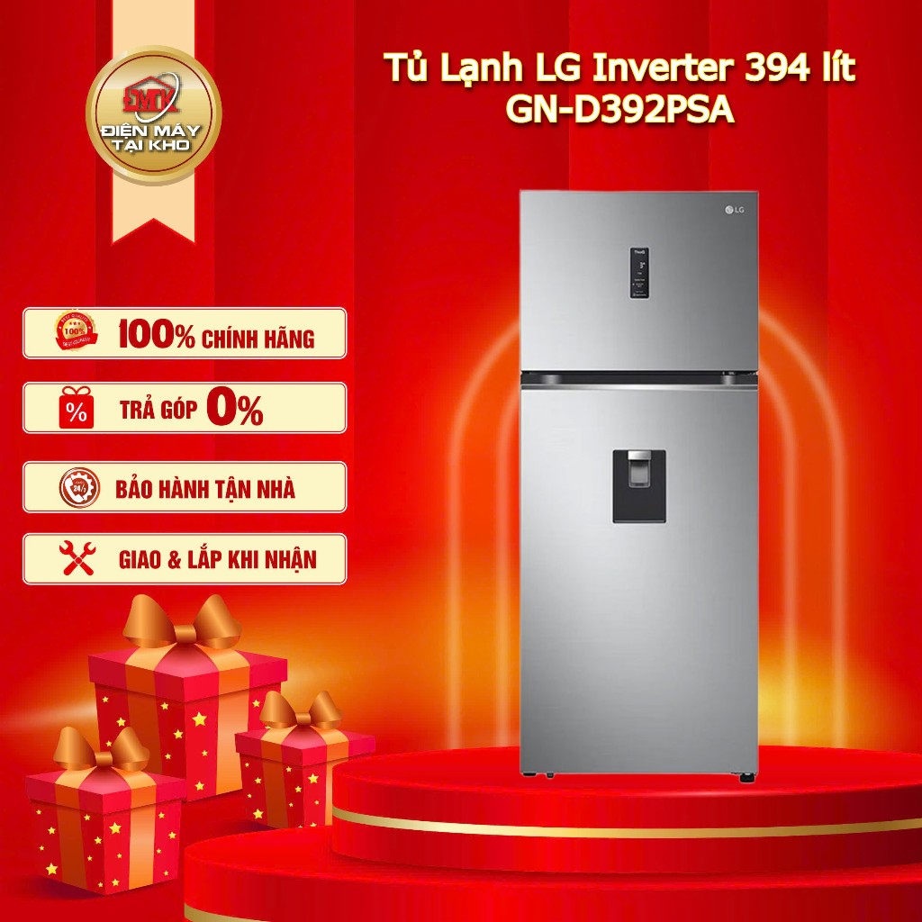 Tủ Lạnh LG Inverter 394L GN D392PSA – 2 Cánh Ngăn Đá Trên – Lấy Nước Ngoài –Công Nghệ Smart Inverter