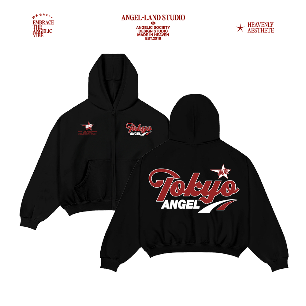 Áo Khoác Hoodie Khoá Kéo form BOXY Nỉ chân cua TOKYO ANGEL màu đen Chính hãng Angel-Land